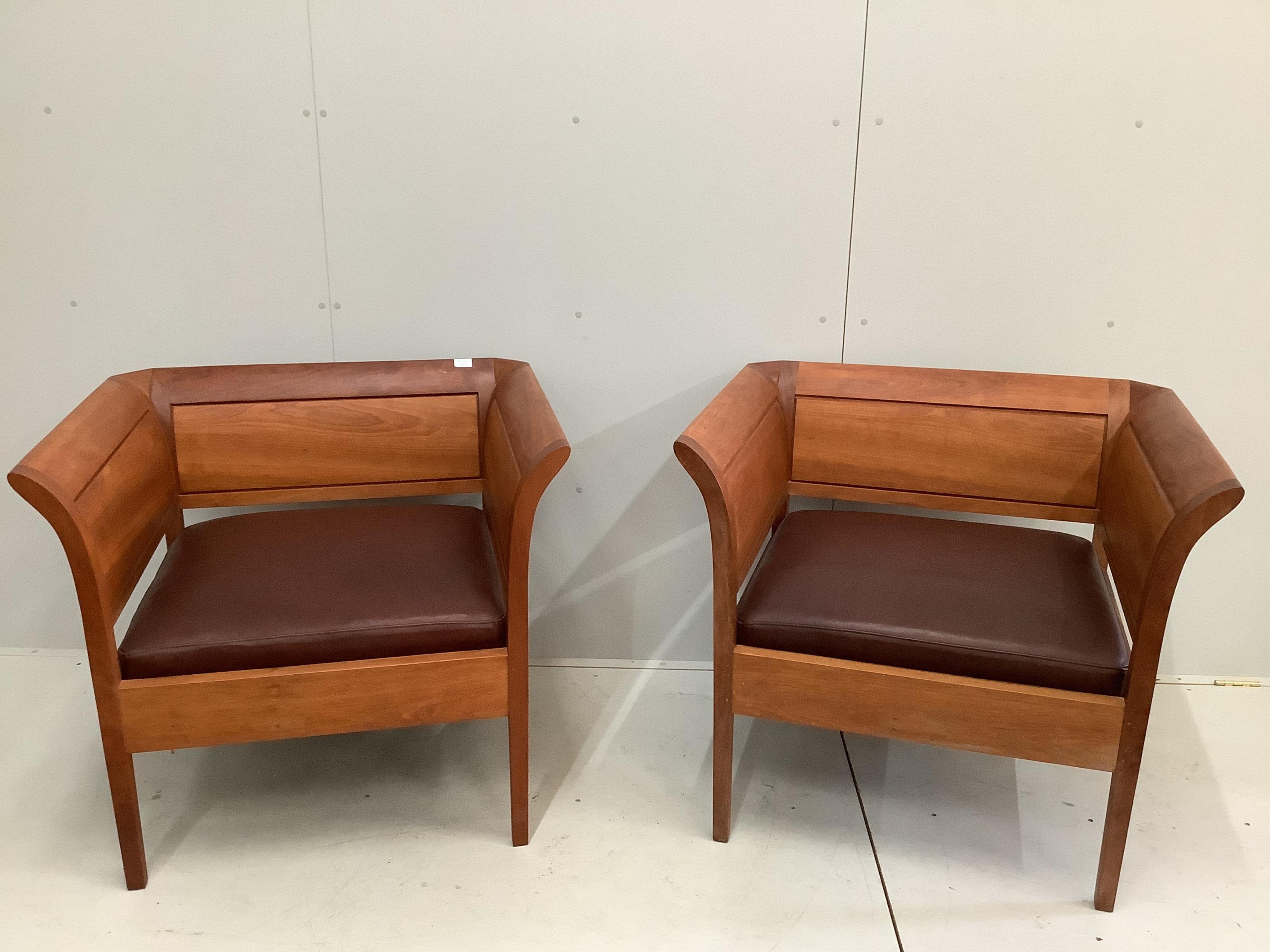 A pair of Thomas Moser cherrywood ‘Sofia Lounge chairs’, leather seats, width 89cm, depth 77cm, height 80cm. Condition - good